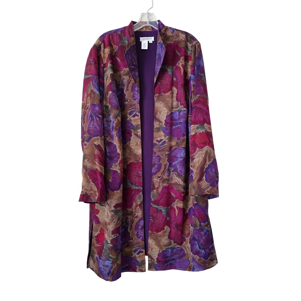 Coldwater Creekβ Womens 1X Purple Floral Duster Jacket Open Front Long Sleeve